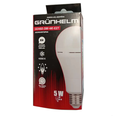 Лампа LED аварійна - GEA60-5W-4K-E27 Grunhelm